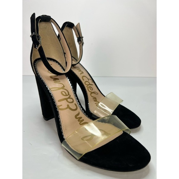 Sam Edelman Black YARO BLOCK HEEL SANDAL Suede w a Clear Vinyl Strap Size 6.5 - Picture 1 of 8